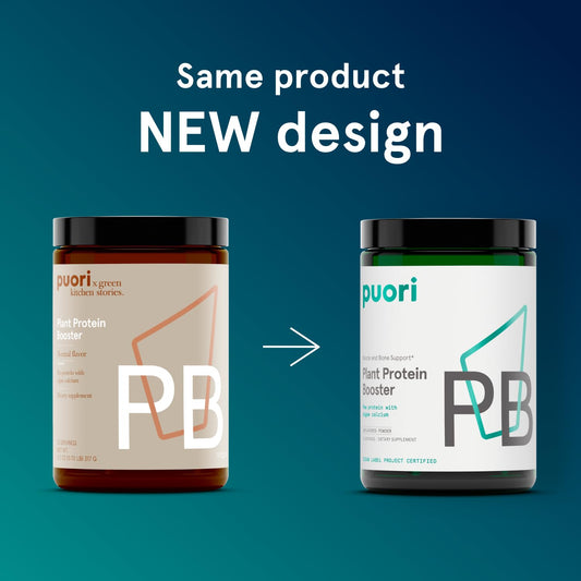 Puori protein powder with pea protein blend, easily dissolving for smoothies.