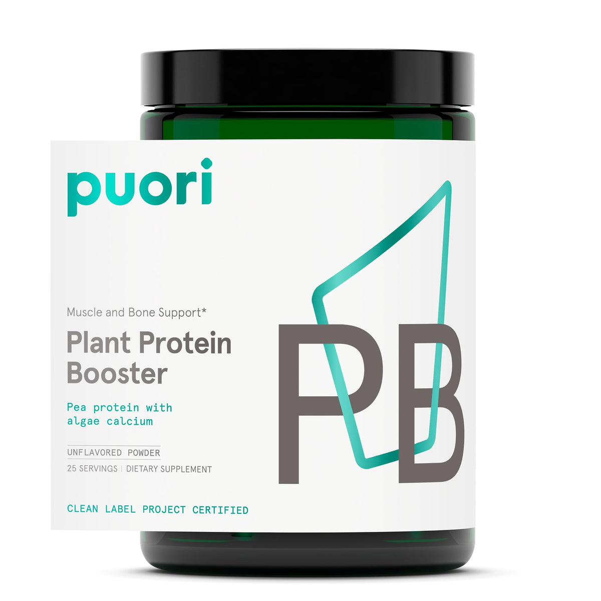 Puori vegan protein powder tub with unflavored formula for clean muscle support.
