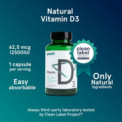 Puori Vitamin D3 Softgels label visible emphasizing non-GMO and gluten-free quality