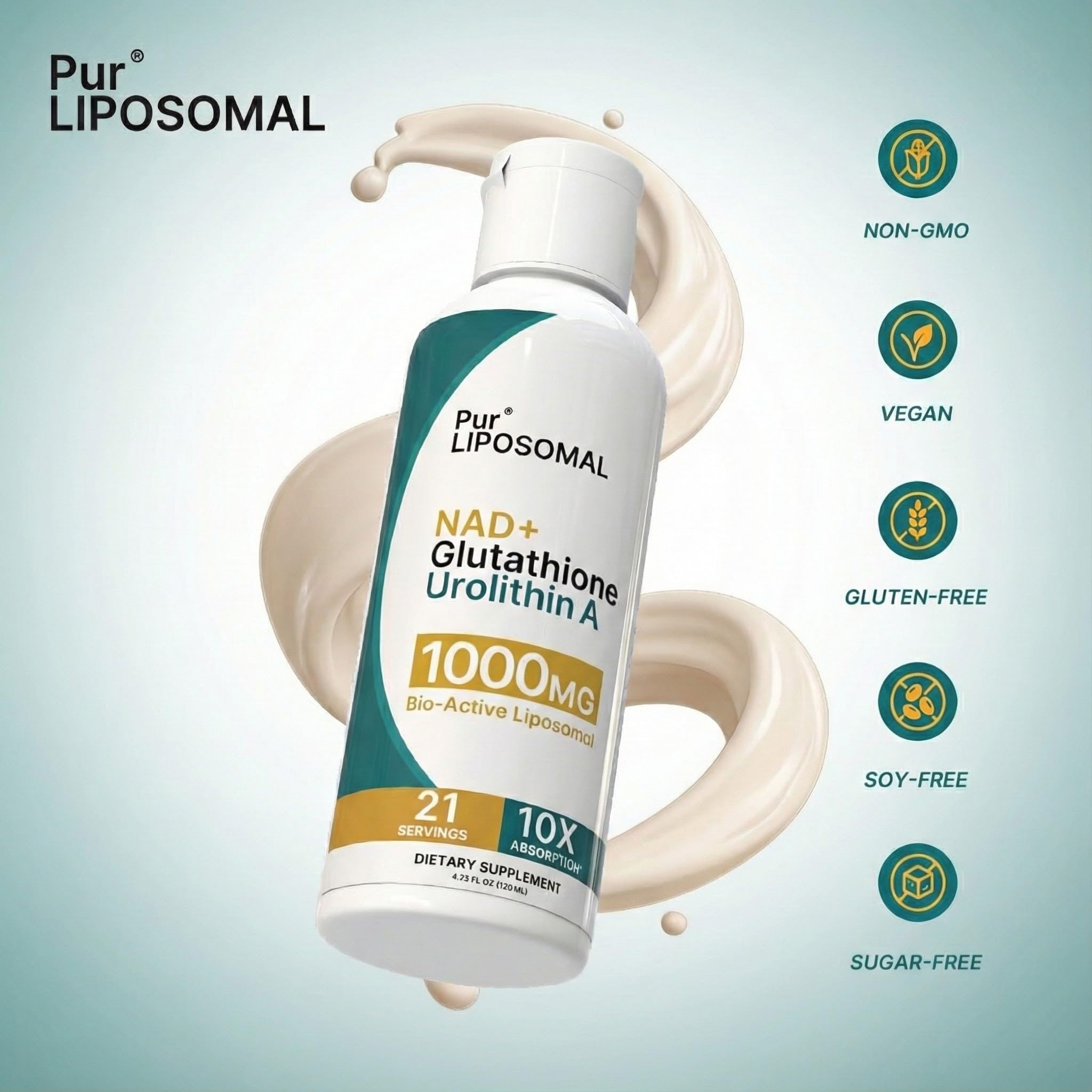 Pur Liposomal NAD+ Glutathione Urolithin A back-of-bottle shows ingredient transparency