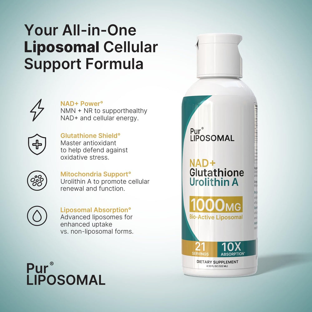Pur Liposomal NAD+ Glutathione Urolithin A label closeup highlights premium formulation
