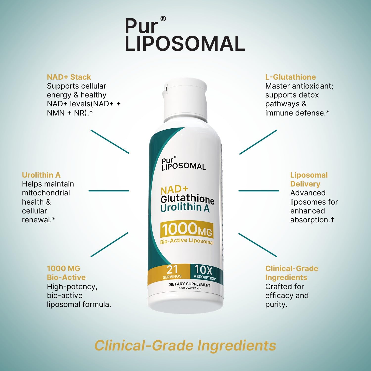 Pur Liposomal NAD+ Glutathione Urolithin A liquid texture demonstrates smooth consistency