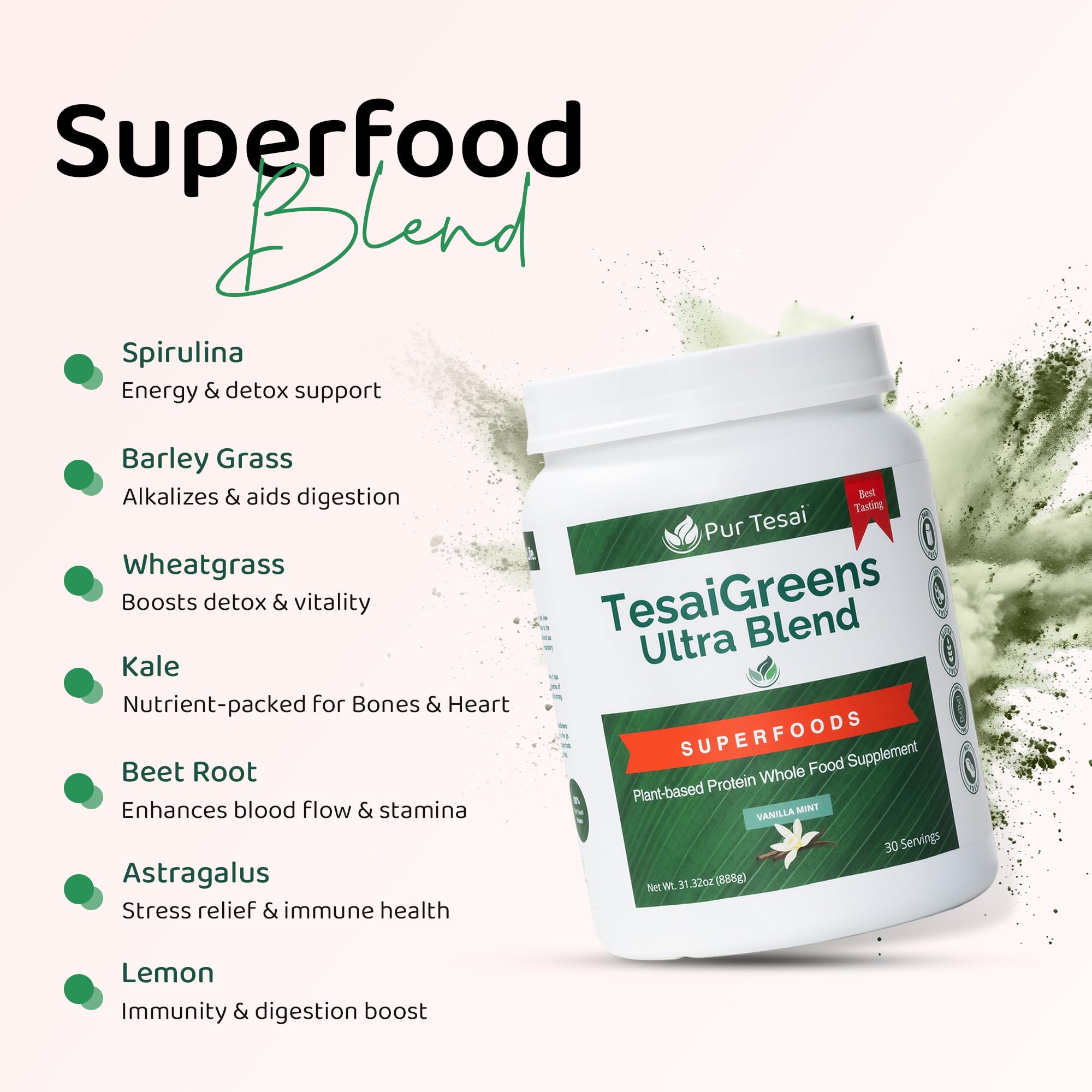 Pur Tesai TesaiGreens Ultra Blend scoop dispensing the nutrient-rich powder