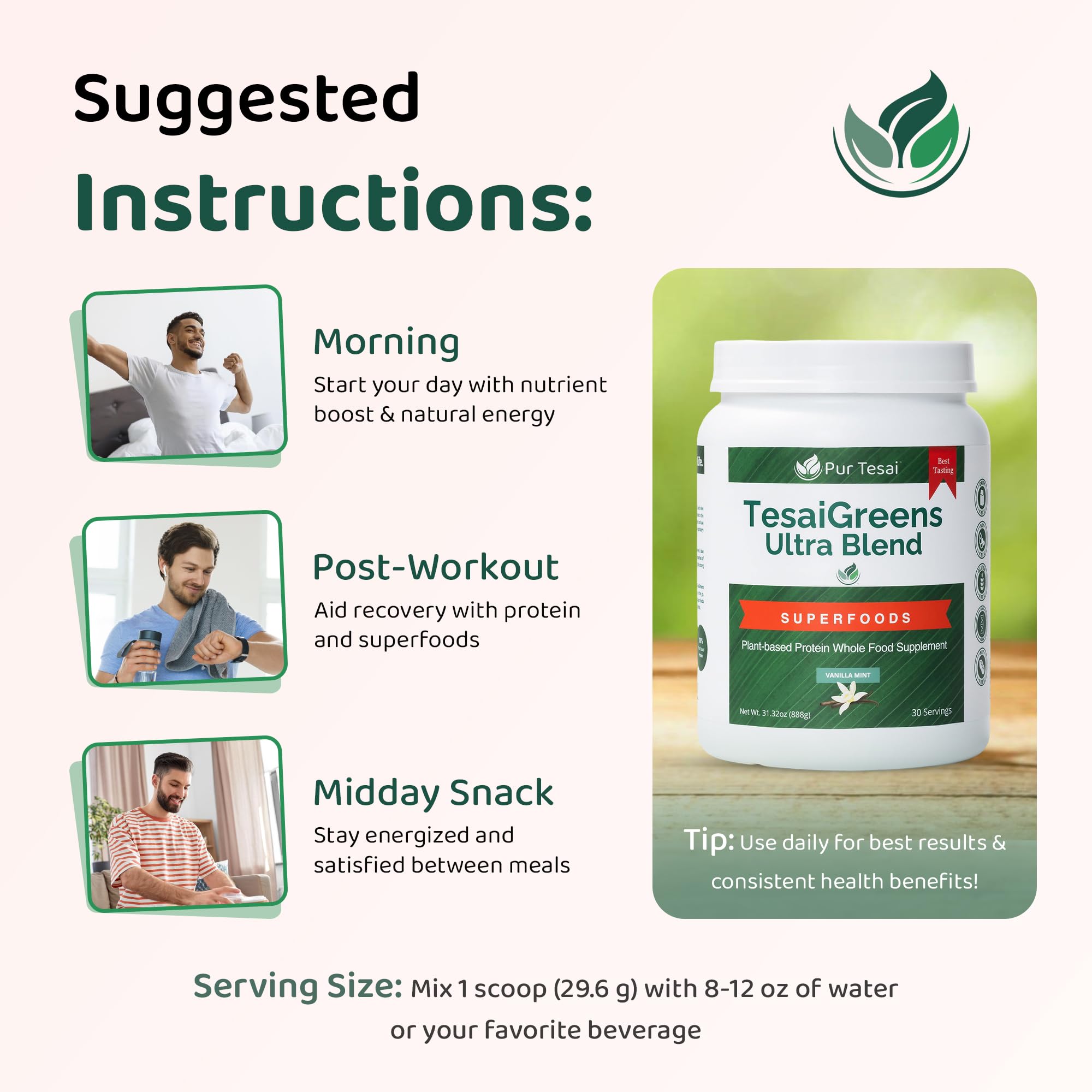 Pur Tesai TesaiGreens Ultra Blend spirulina-rich greens as key ingredients