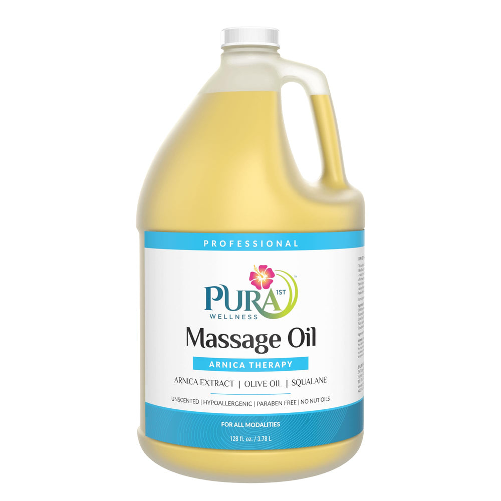 PURA 1st Arnica Therapy 1 Gallon bottle, ideal for professional massage and deep tissue relief.