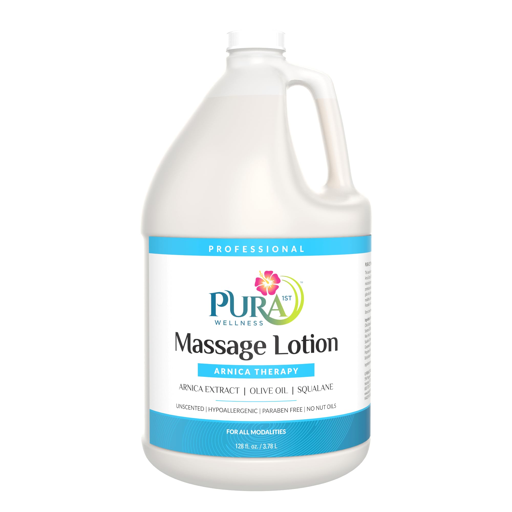 PURA 1st Arnica Therapy lotion gallon bottle for professional massage sessions and hydration.