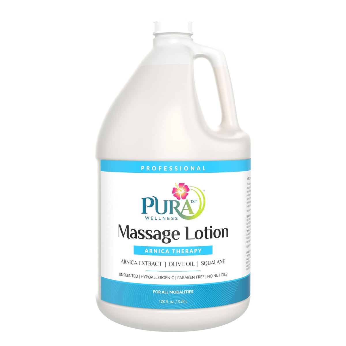 PURA 1st Arnica Therapy lotion gallon bottle for professional massage sessions and hydration.