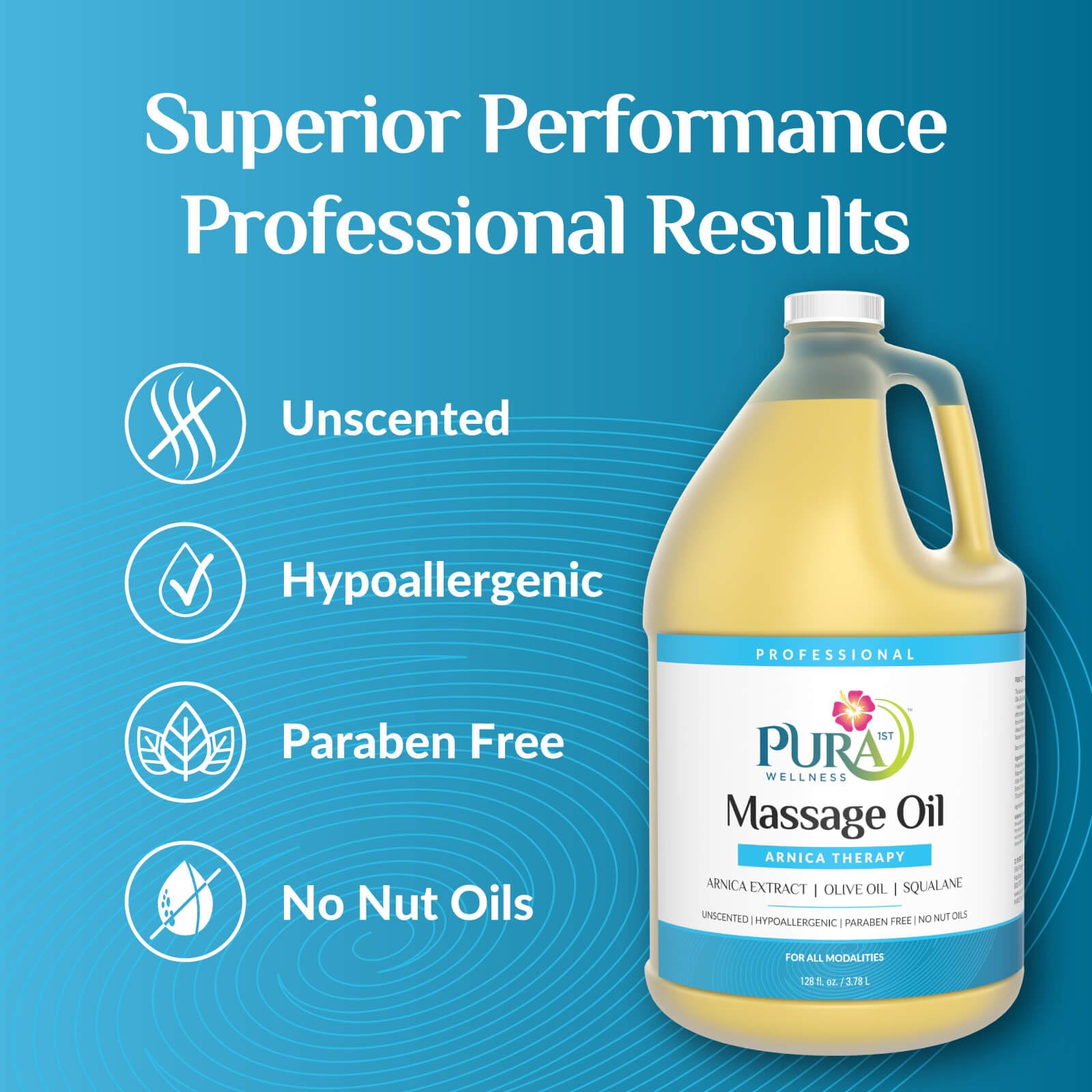 PURA 1st Arnica Therapy pump bottle provides easy, non-greasy application during sessions.