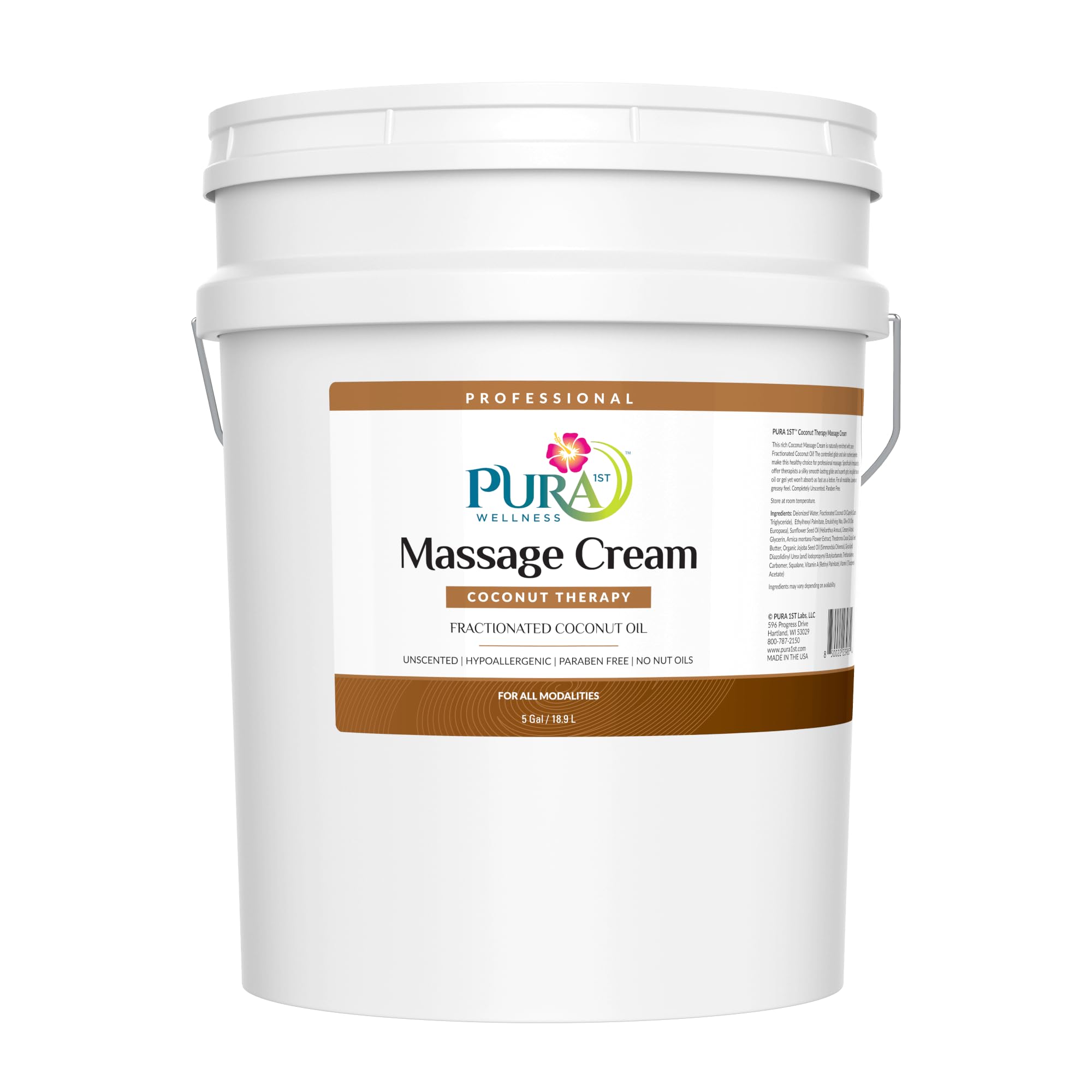 PURA 1st Coconut Therapy massage cream bottle showing easy-grip design for professional use