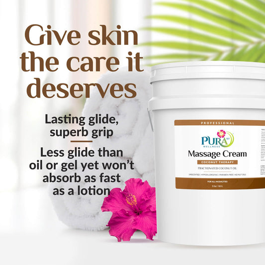 PURA 1st Coconut Therapy massage cream jar highlighting unscented formula for sensitive skin