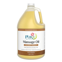 PURA 1st Coconut Therapy oil bottle ready for massage therapy sessions
