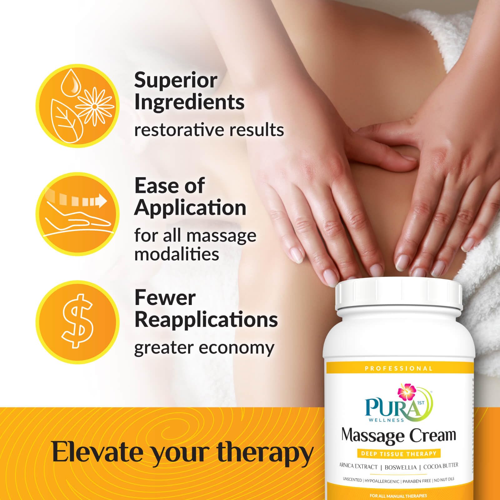 PURA 1st Deep Tissue Therapy emphasizes skin hydration during massage.