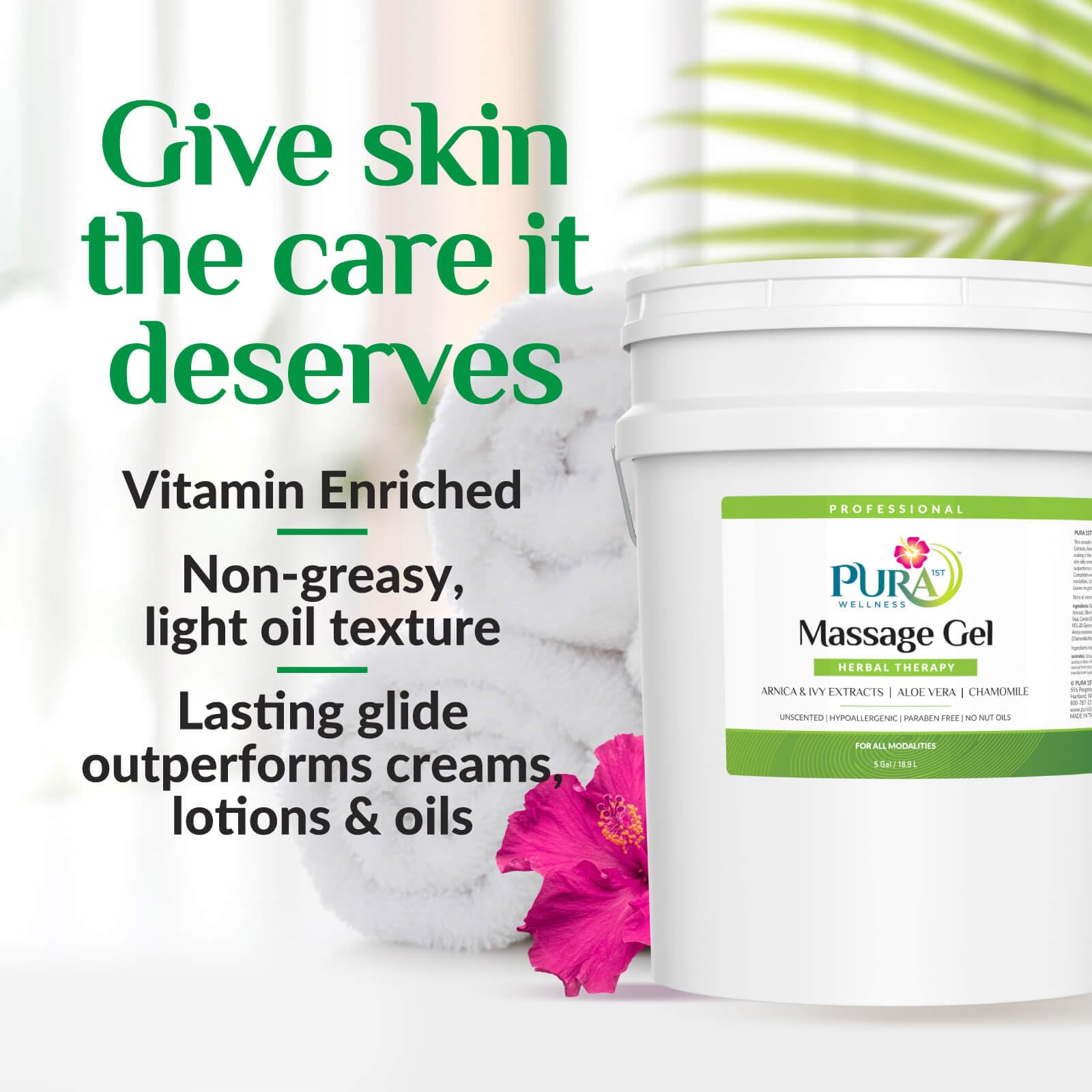 PURA 1st gel glide on skin highlights smooth glide for Swedish and sports massage.