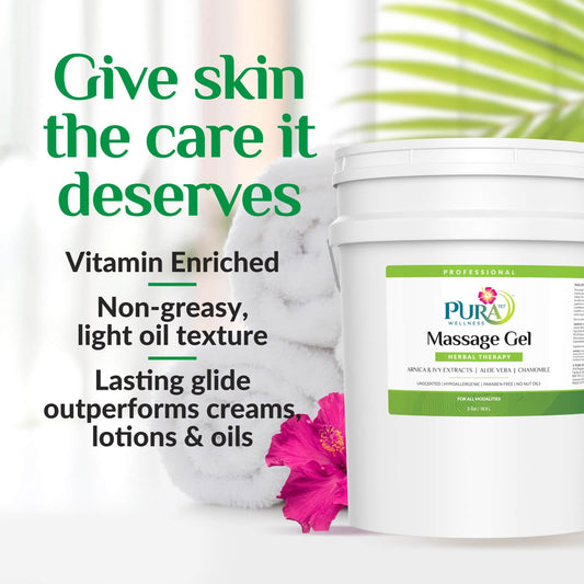 PURA 1st gel glide on skin highlights smooth glide for Swedish and sports massage.