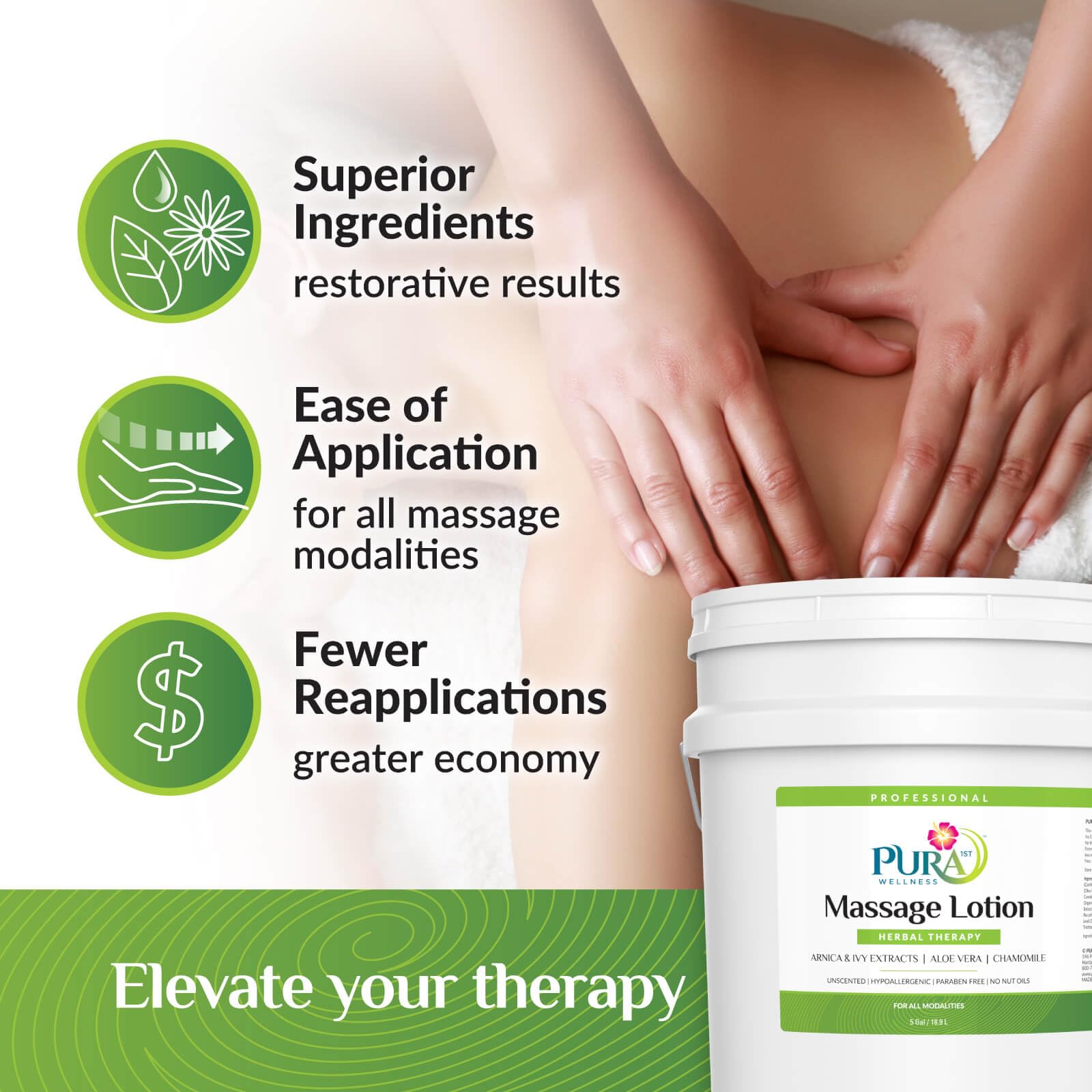 Creamy texture seen on skin during massage with PURA 1st Herbal Therapy lotion