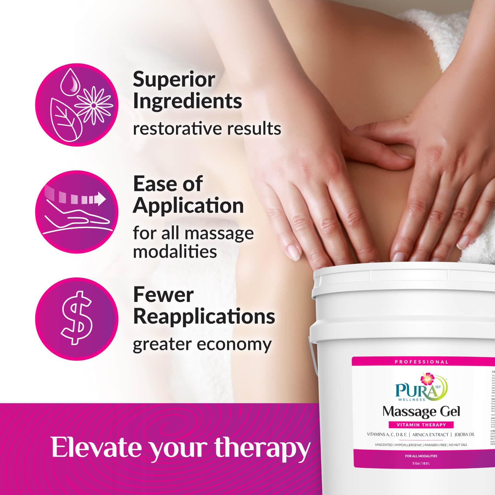 PURA 1st Vitamin Therapy hands applying gel during a massage session.