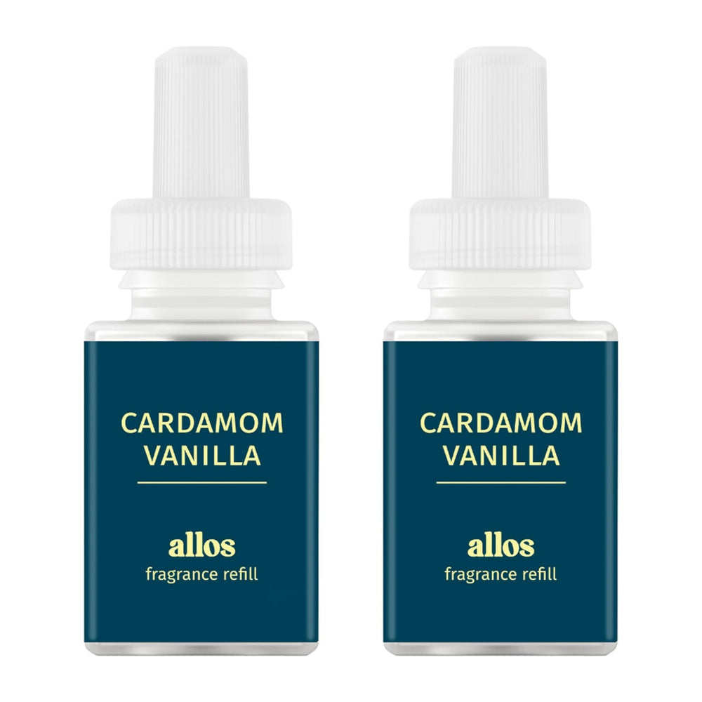 Pura Allos cardamon vanilla refill bottle enhancing relaxing home ambience.