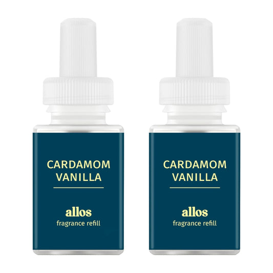 Pura Allos cardamon vanilla refill bottle enhancing relaxing home ambience.