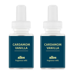 Pura Allos cardamon vanilla refill bottle enhancing relaxing home ambience.