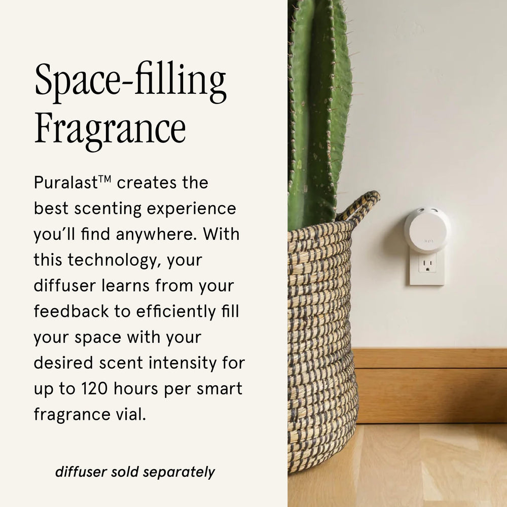 Pura Allos fragrance vial close-up emphasizes long-lasting scent.