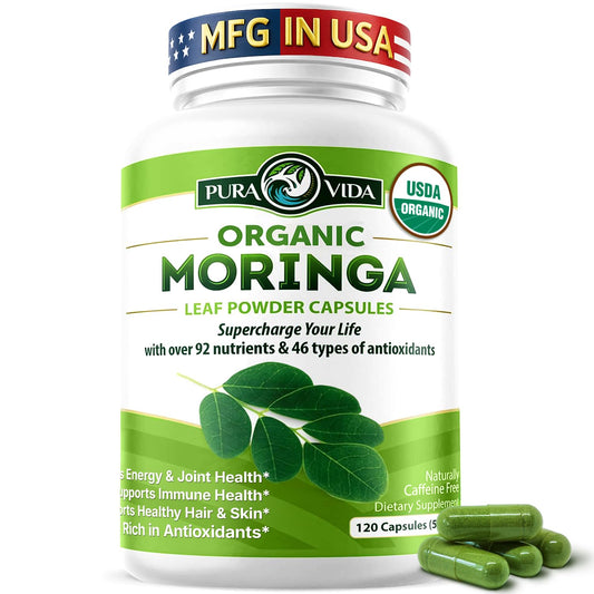 Pura Vida Moringa bottle front signaling purity and single-origin quality for daily wellness