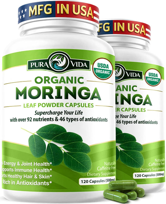PURA VIDA MORINGA capsules bottle showing convenient daily supplement for energy and nutrients.