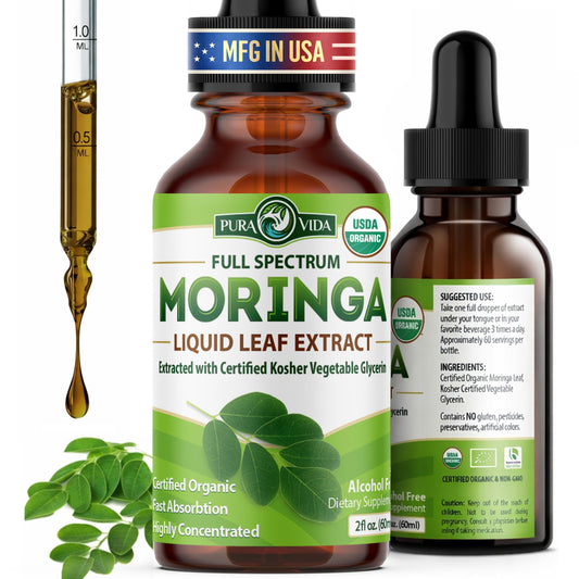 PURA VIDA Moringa bottle shows organic liquid drops for daily vitality.