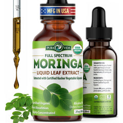 PURA VIDA Moringa bottle shows organic liquid drops for daily vitality.