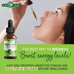 PURA VIDA Moringa liquid vial highlights fast absorption versus powder.