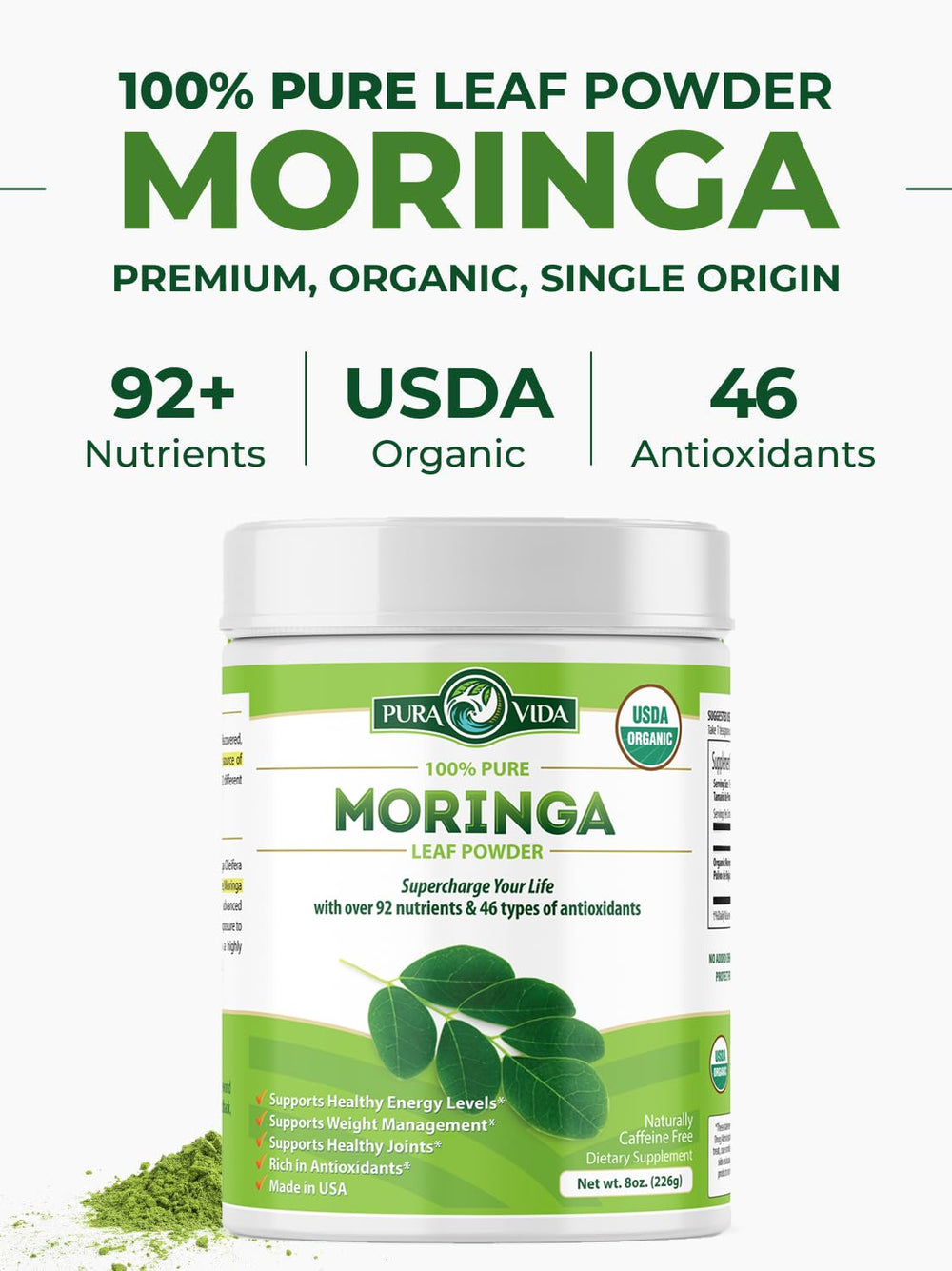PURA VIDA MORINGA powder in a smoothie for a natural energy lift
