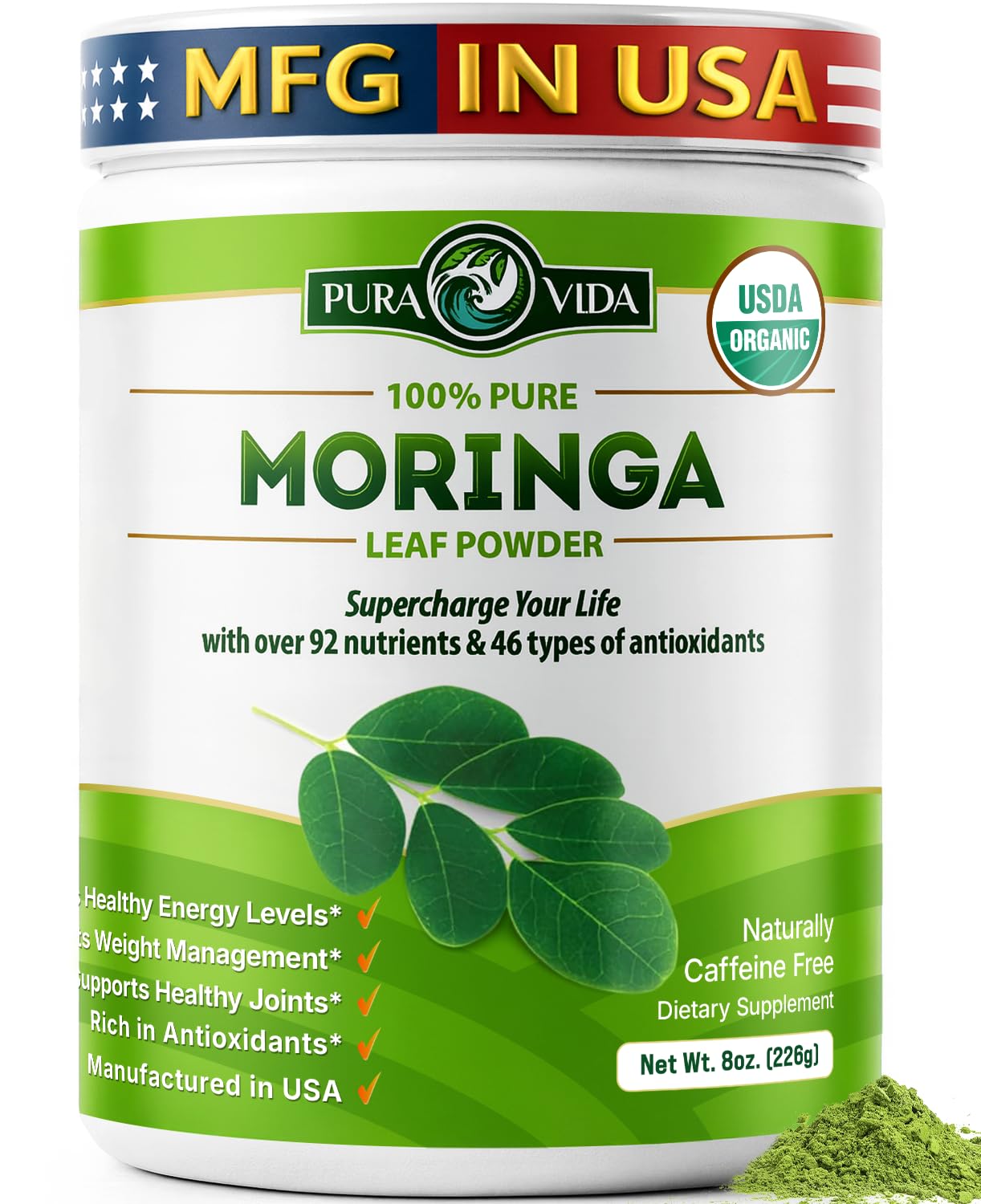 PURA VIDA MORINGA powder in a single-origin bag ready for fresh smoothies