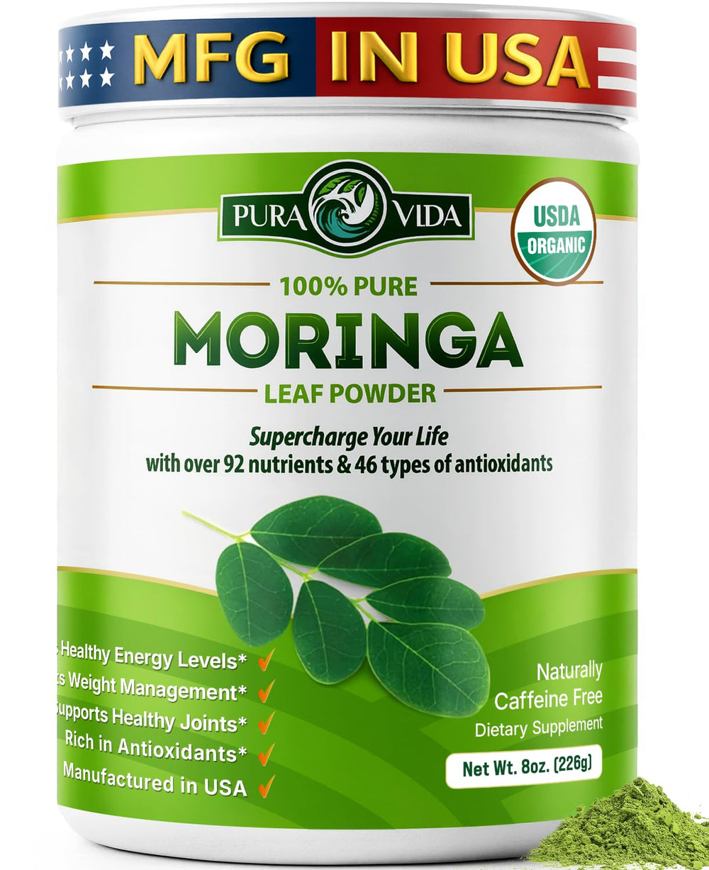 PURA VIDA MORINGA powder in a single-origin bag ready for fresh smoothies