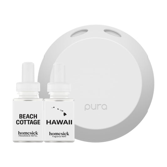 Pura 4 diffuser in living room delivering beach cottage aroma for coastal ambiance