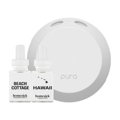 Pura 4 diffuser in living room delivering beach cottage aroma for coastal ambiance