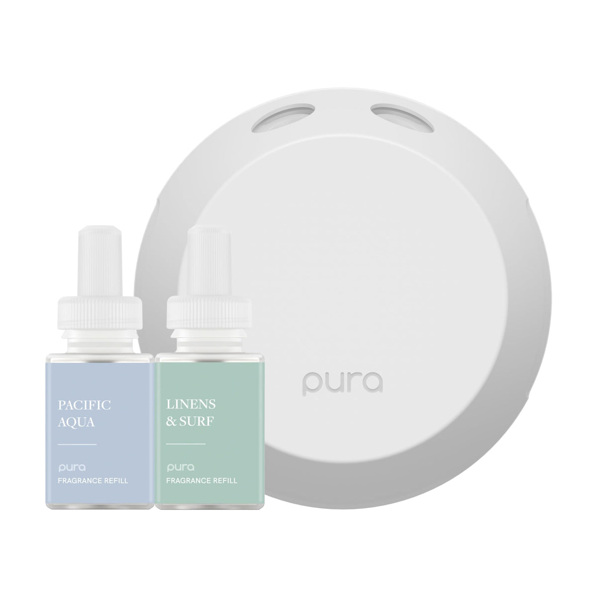 Pura 4 diffuser on table delivering customizable fragrance for your space.