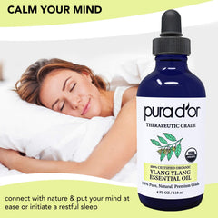 PURA D'OR Ylang Ylang oil label close-up showing purity.