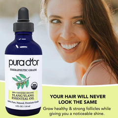 PURA D'OR Ylang Ylang oil applied to skin and hair care.