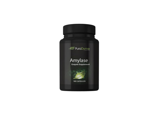 Puradyme Amylase capsules bottle for digestive support during meals.