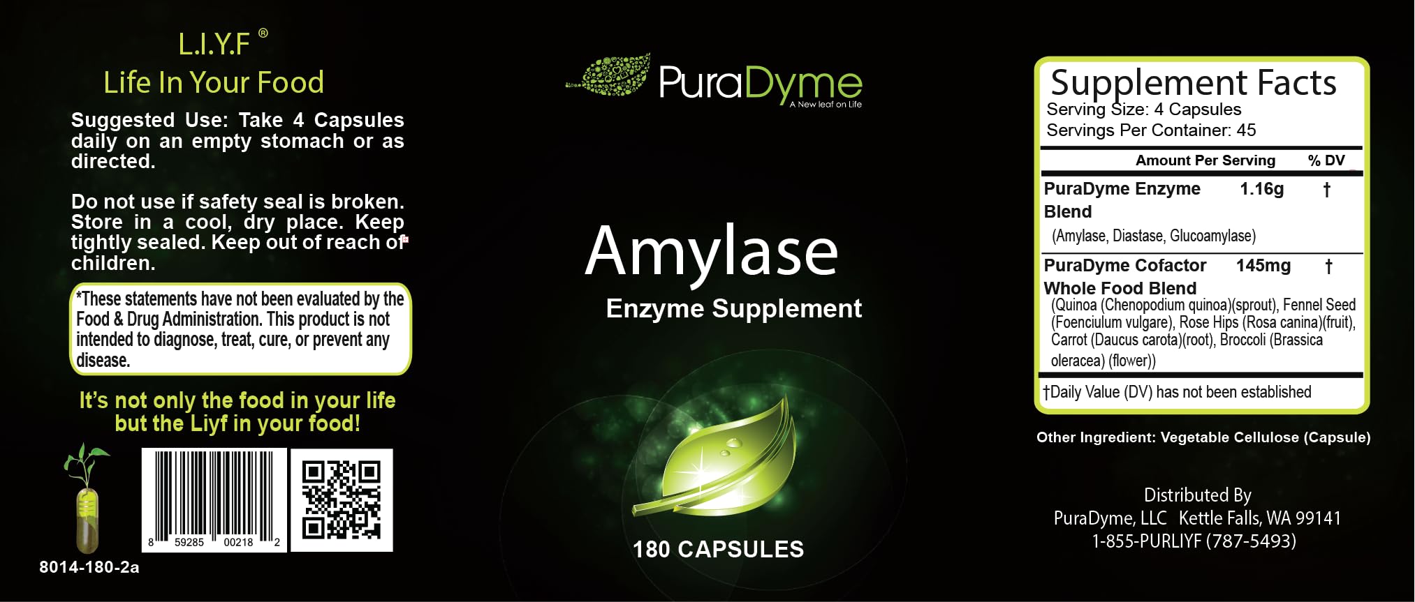Puradyme Amylase capsules closeup shows enzyme blend for carbohydrate digestion.