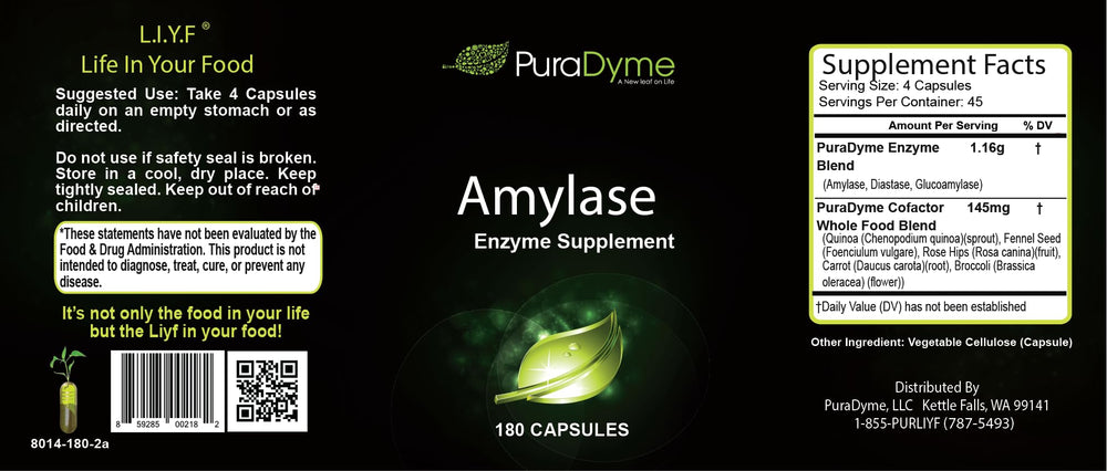 Puradyme Amylase capsules closeup shows enzyme blend for carbohydrate digestion.