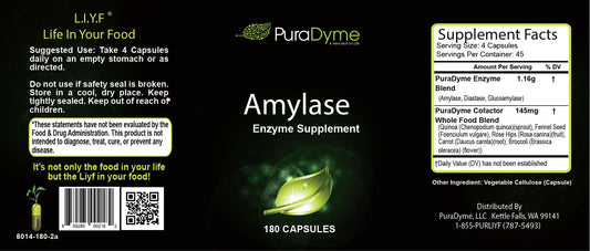 Puradyme Amylase capsules closeup shows enzyme blend for carbohydrate digestion.