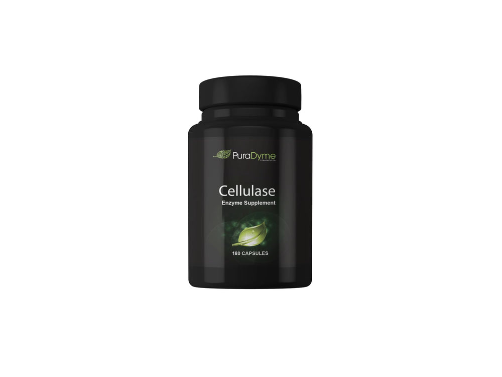 PuraDyme cellulase bottle with 180 capsules for digestive support.