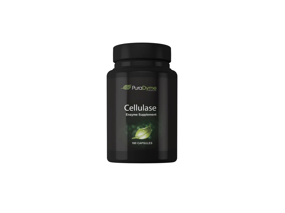 PuraDyme cellulase bottle with 180 capsules for digestive support.