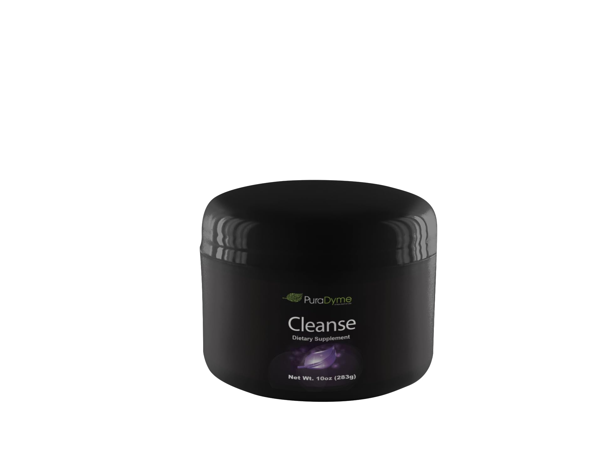 PuraDyme Cleanse bottle pouring powder supports gentle digestive balance for daily wellness.