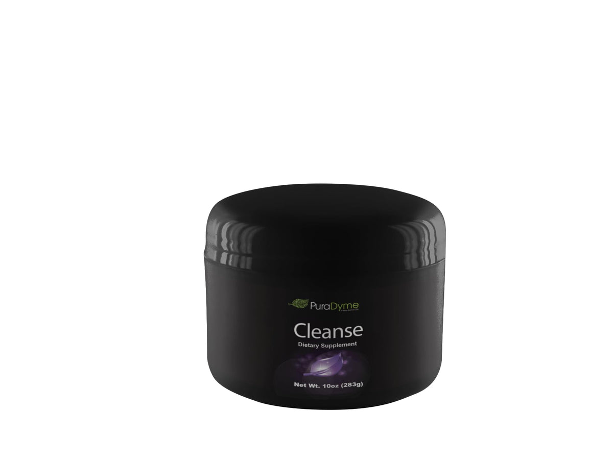 PuraDyme Cleanse bottle pouring powder supports gentle digestive balance for daily wellness.
