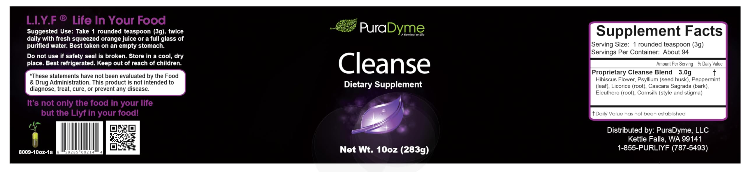 PuraDyme Cleanse label front highlights natural herbs for gentle toxin support.