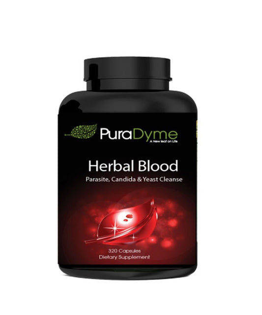 PuraDyme Herbal Blood bottle front, daily wellness support with herbal blend.
