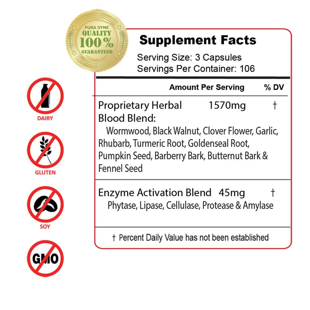 PuraDyme Herbal Blood capsules close-up, convenient daily dosing.