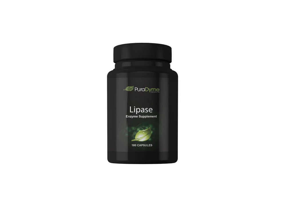 Puradyme Lipase enzyme bottle front, digestive support for meals