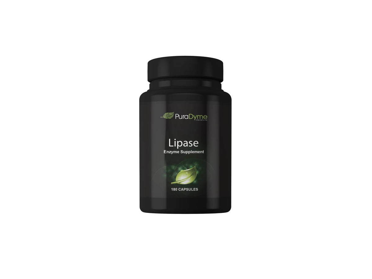 Puradyme Lipase enzyme bottle front, digestive support for meals